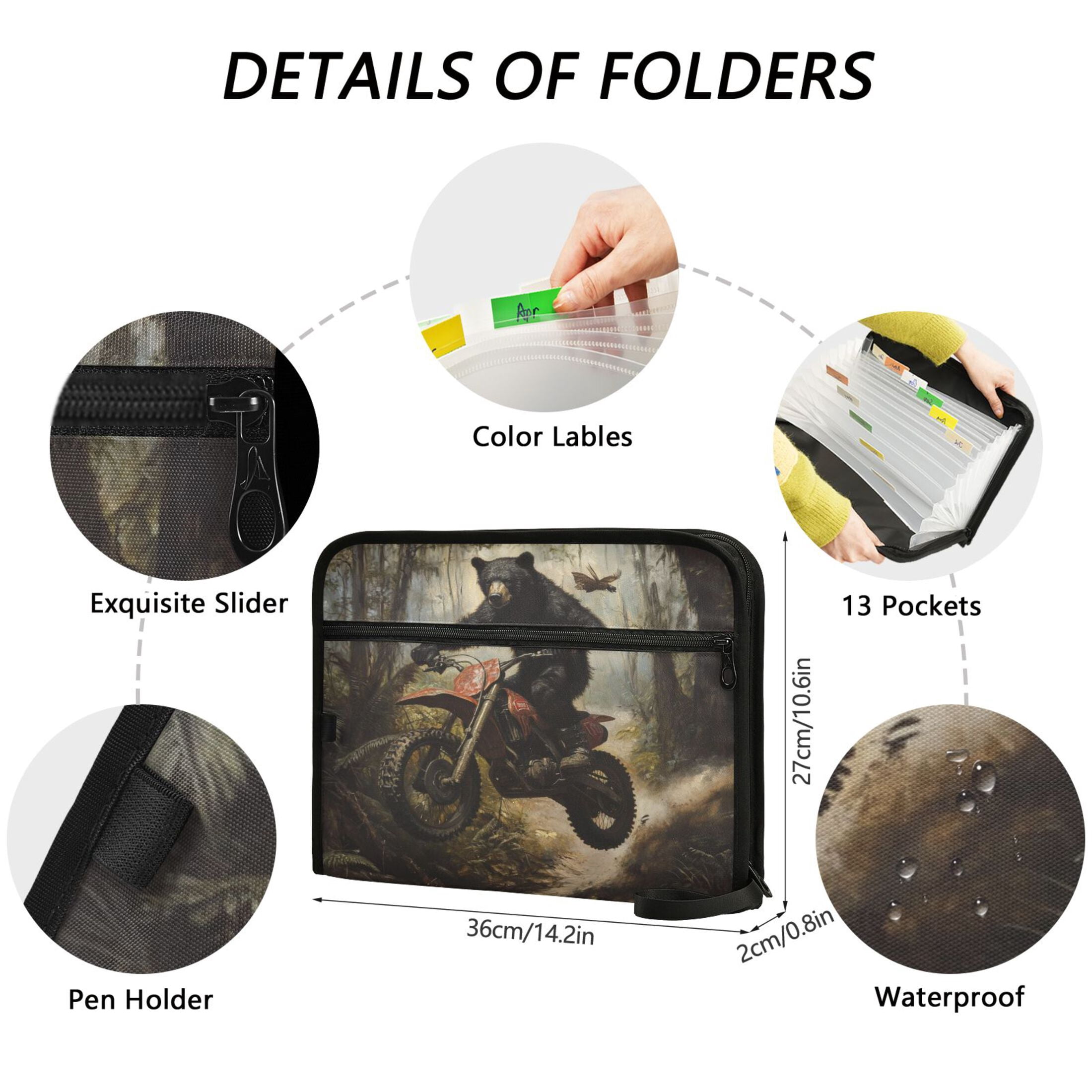 WOBOGO Black Bear Riding A Motocross Bike Expanding File Folder Letter Size Accordion Filing Organizer 13 Pocket Separate Organ Pocket