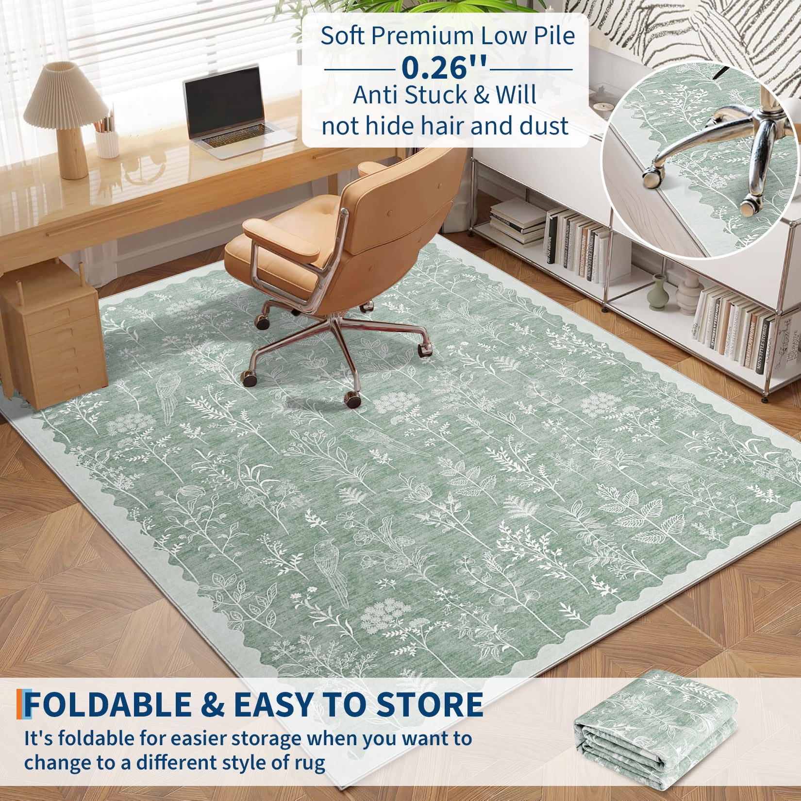 9x12 Under Bed Machine Washable Area Rugs, Modern Floral Print Floor Cover Carpet with Non Slip Backing Stain Resistant Farmhouse Rug for Nursery, Living Room, Office