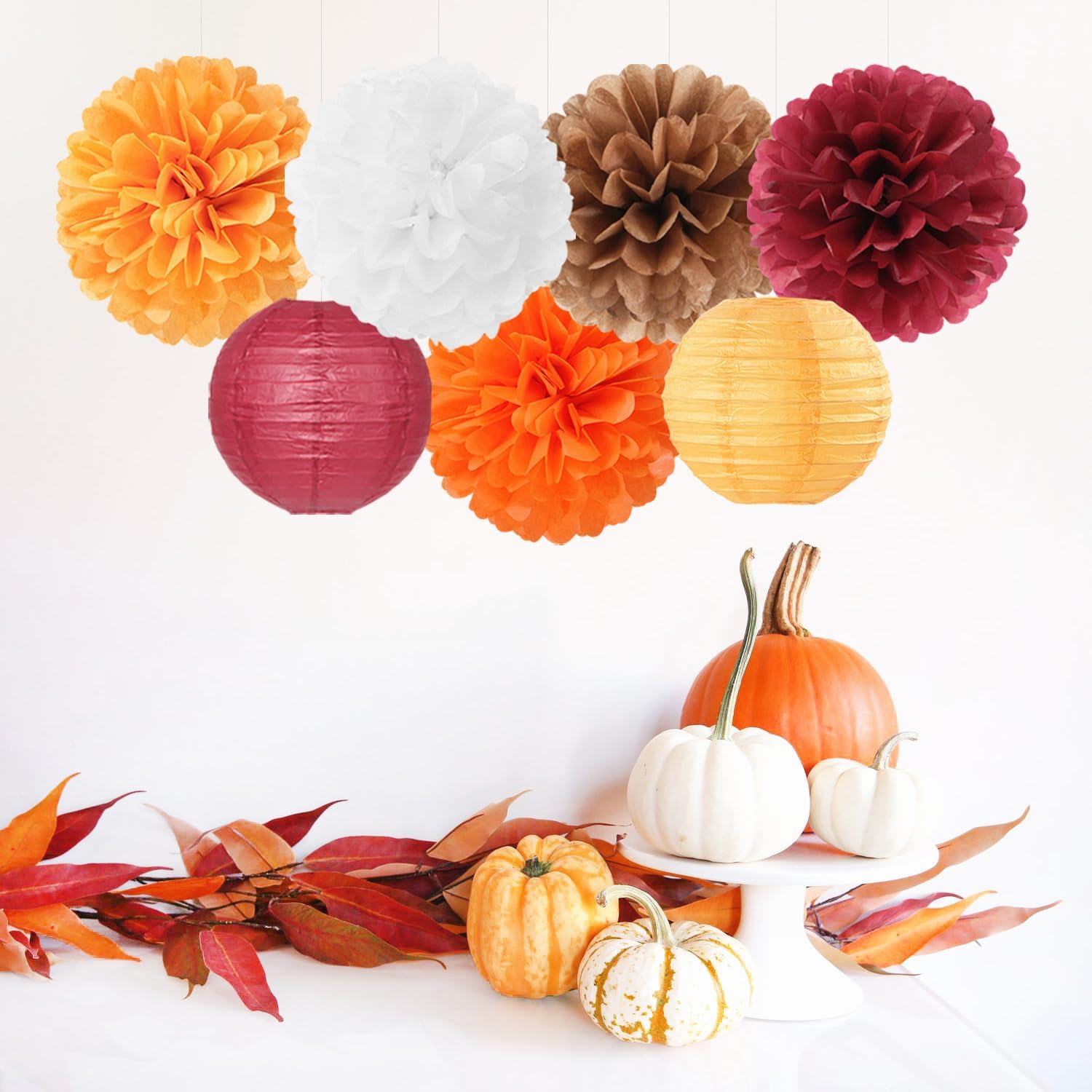 NestE-Brown Burgundy-Orange Party-Decorations Paper-Flowers Lanterns - 15PCS Fall Boho Tissue Pom Poms Streamers,Baby Bridal Shower Rustic Wedding Neutral Birthday Coffee Halloween ThanksgivingDecor