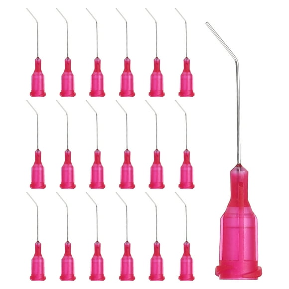 Agujas de dispensación anguladas Uxcell 25Ga, 66Pcs 1Pulgada Punta roma curvada de 45° con aguja Luer Lock para rellenar tintas líquidas, adhesivo, aceite, rojo