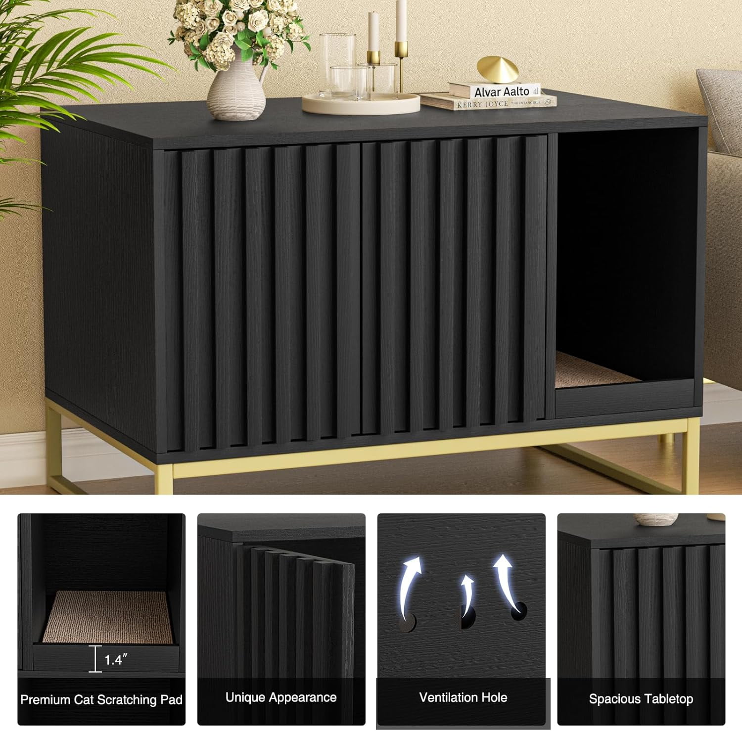 Vabches Hidden Cat Litter Box Enclosure Furniture, Multi-Functional Cat Washroom Bench with Cat Scratching Pad and Fluted Doors