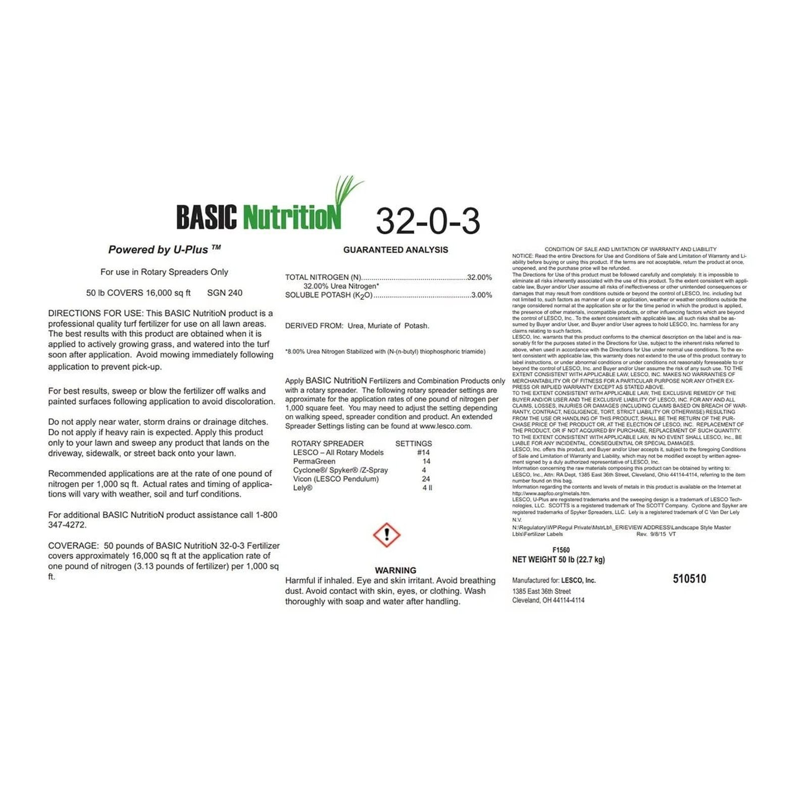 Lesco Basic Nutrition Fertilizer Stabilized Nitrogen 32-0-3 25% U-Plus 50 lb.