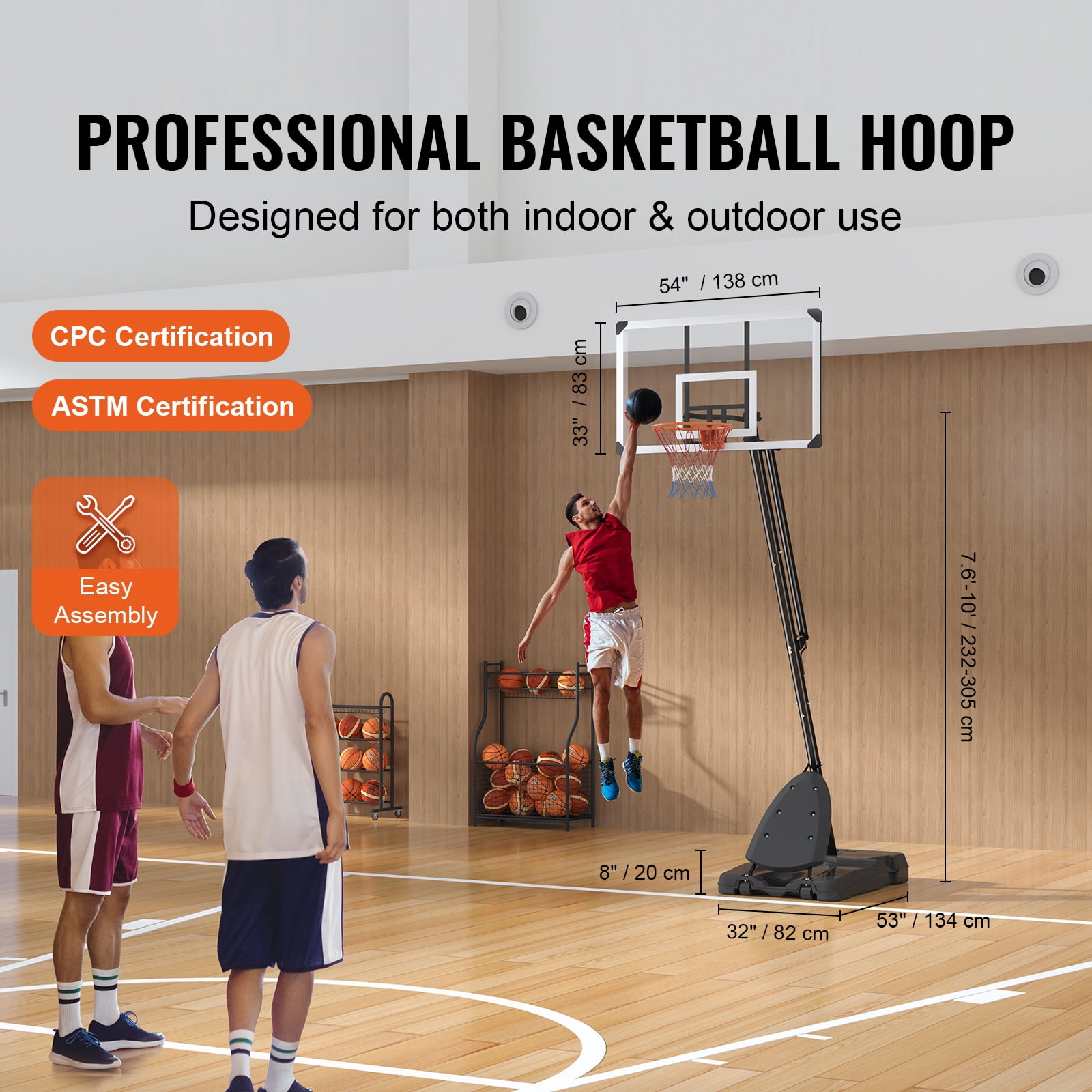 KFFKFF 54" Portable Basketball Hoop Stand, 7.6-10 ft Height Adjustable Portable Basketball Hoop System with PC Backboard, Hoop & Goal System, Wheels & Weighted Base for Youth & Adults