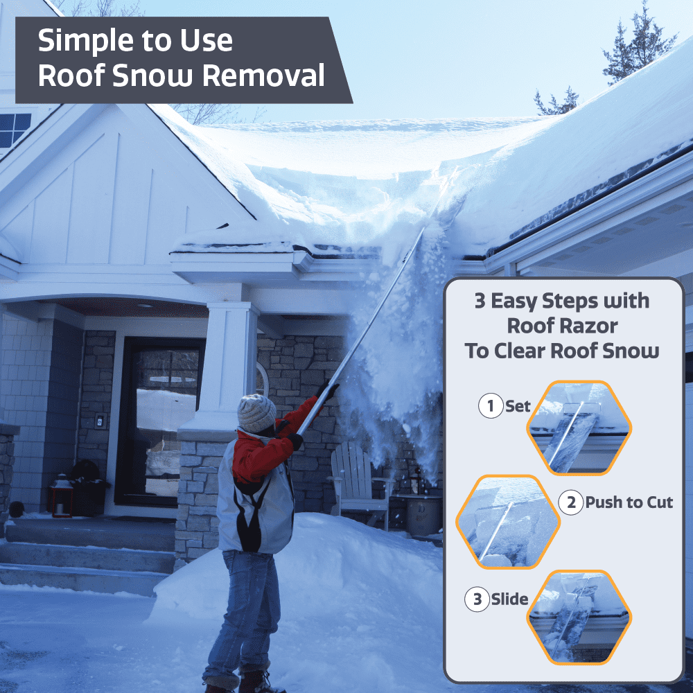 ROOF RAZOR Roof Rake | Heavy-duty-25ft of Pole | Easy | Fast Roof Snow Removal | Safe on Roof Wheels | 10ft Rugged Slide | MinnSNOWta Snow Rake | Roof Shovel | US Customer Support-USA Made