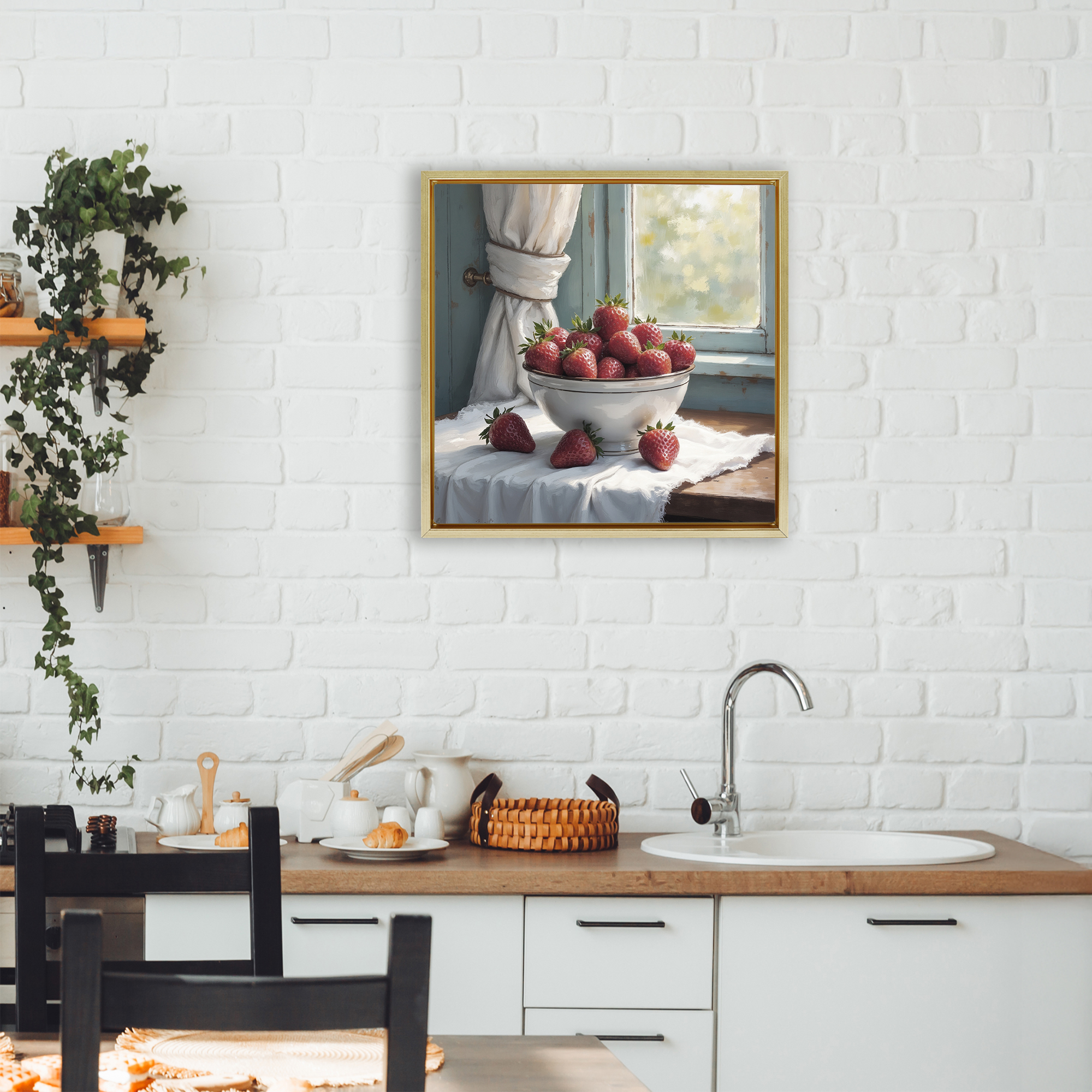 Strawberry Harvest in Window Gold Framed Floater Canvas Wall Art, design by Lettered and Lined