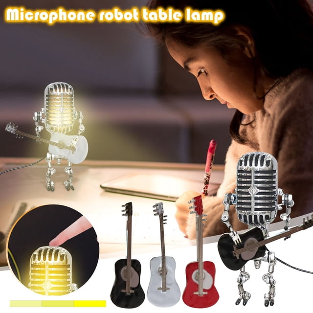 Fiudx Robot con Micrófono Vintage, Pieza Única de Metal para Escritorio, Diseño de Pose Ajustable, Bombilla Led de Bajo Consumo, Decoración para El Hogar y La Oficina, Regalo para Coleccionistas, 21,
