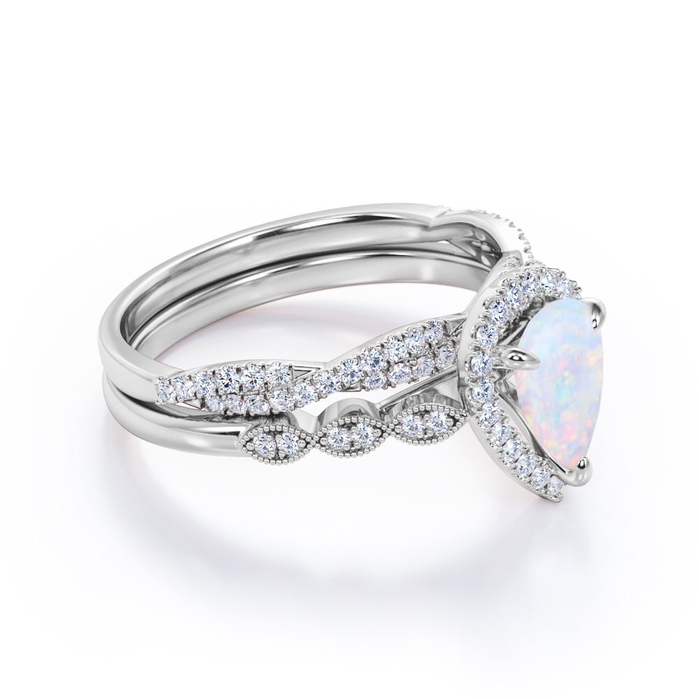 JeenMata 1.5 Carat Pear Cut Lab Created Opal and Moissanite Vintage Engagement Ring - Halo Pave Bridal Set in 18K White Gold Plating for Women