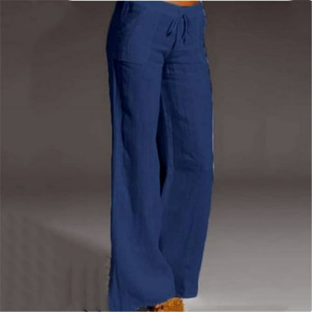 Pantalones de pierna ancha y cintura alta para mujer, estilo europeo y americano, con bolsillos grandes en el pie, de algodón y lino, informales, para mujer