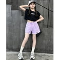thumbnail image 3 of GiLiling Girls Distressed Denim Shorts, Elastic Waist Ripped Frayed Hem Sparkle Summer Jean Shorts for Kids Teens (Purple, 5-6 Years), 3 of 7