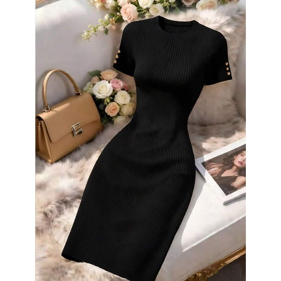 Women's Short Sleeve Fitted Midi Dress with Button Cuff Detail, Slimming Bodycon Dress for Elegant Occasions