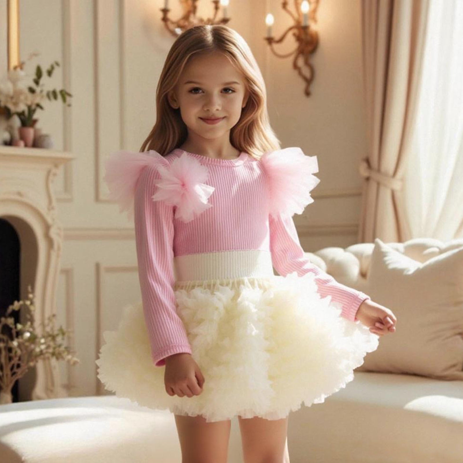 Hxshgdsn Toddler Girls Long Sleeve Cute Tulle Ruffle Ribbed Top