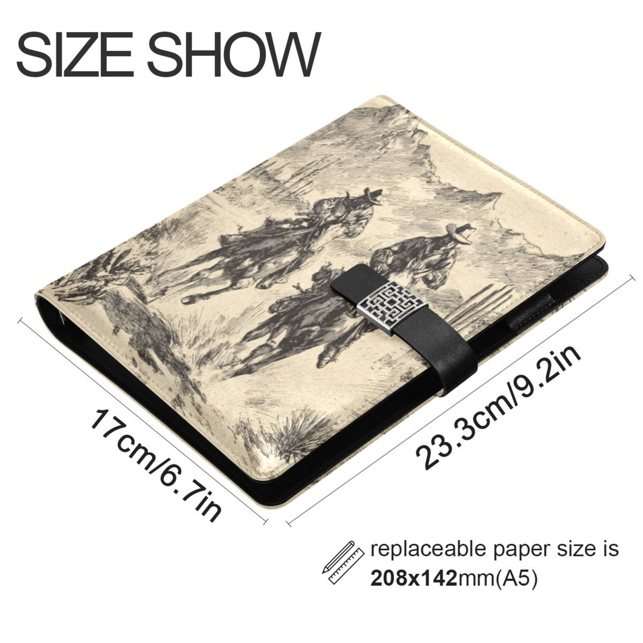 Leather Notebook with Pen Holder Writing Notepad Includes 100 Pages Lined Journal Vintage Cowboy Illustration