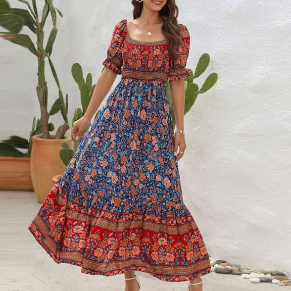 up to 60% off Gifts Usmixi Formal Dresses for Women Short Sleeve Square Neck Western Print Summer Maxi Dresses Puff Sleeve Ruffle Swing Vintage Beach Bohemian Dress Blue S Up to 65% off
