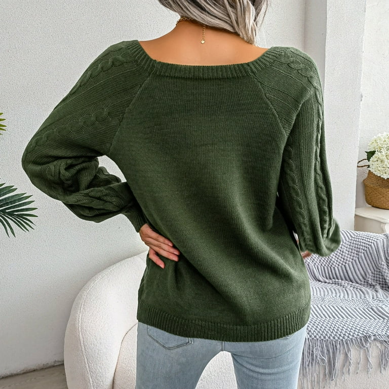 JUUYY Casual Cable Knit Sweater for Women Fall Crewneck Long Sleeve Pullover Knitwear Solid Color Button Decor Lightweight Jumper Tops Army Green M Walmart
