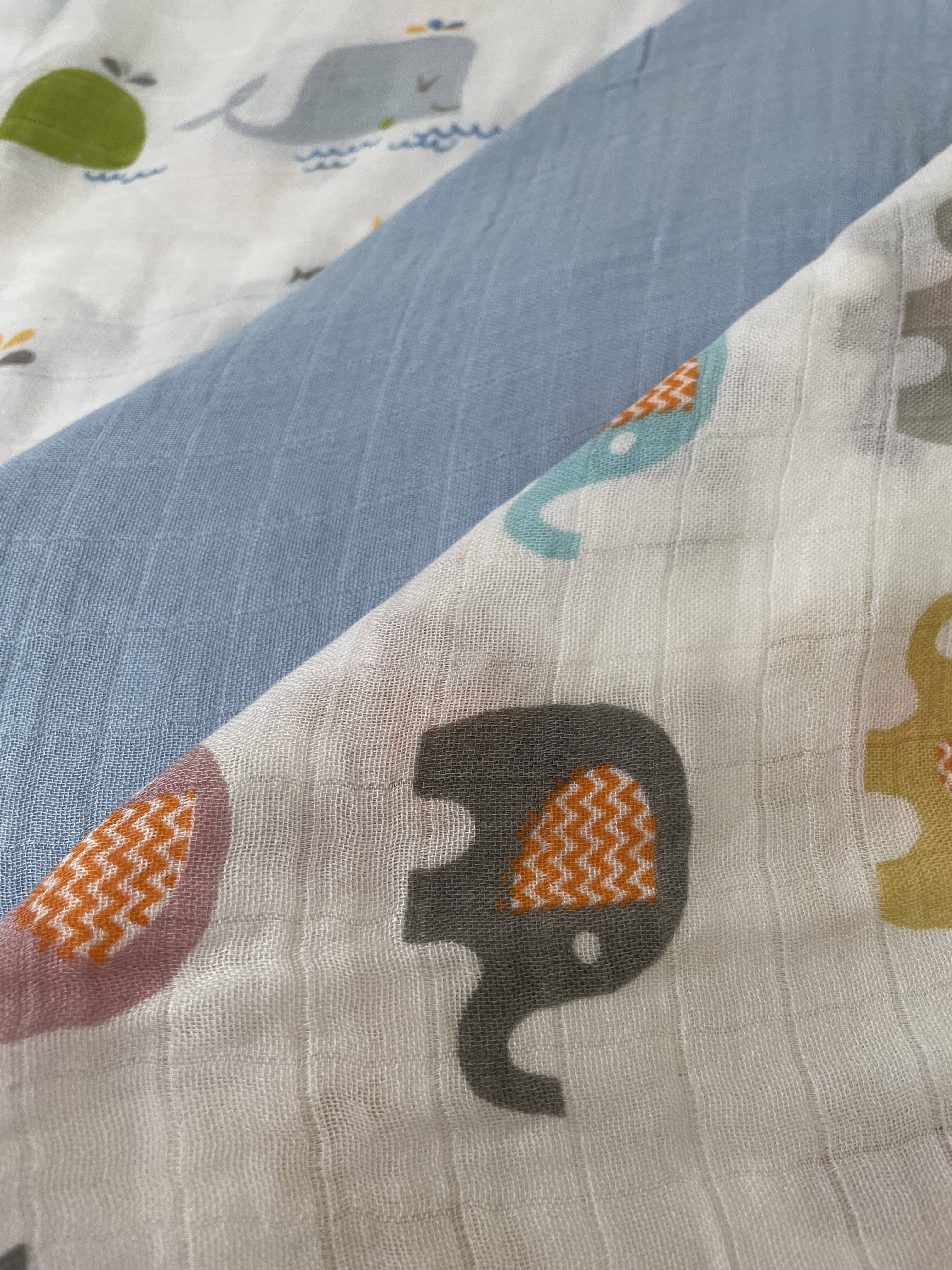 Simple Baby Essentials | Soft Bamboo Muslin Cotton Swaddles - Receiving Blankets | Baby Shower Gift | 3 Pack Large 47'x47' Absorbent Breathable | Boy Light Blue Whale Elephant, Crib