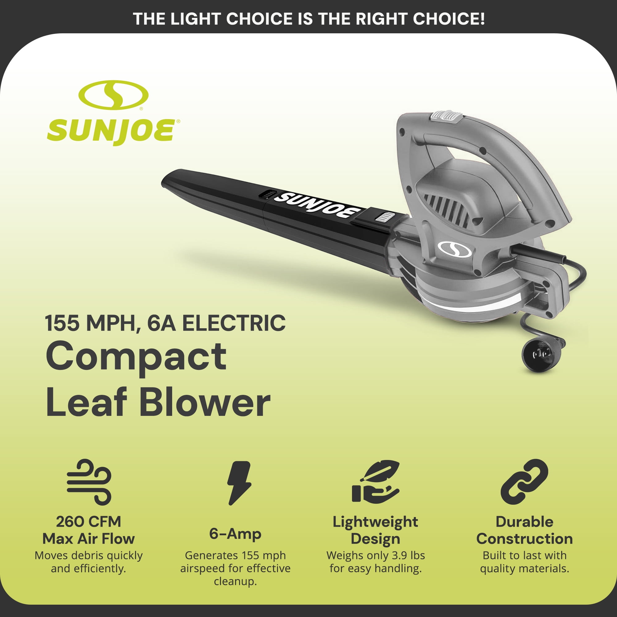 Sun Joe 6-Amp 155 mph Corded Handheld Leaf Blower, Light-Duty Lawn Tool, Gray (Open Box)