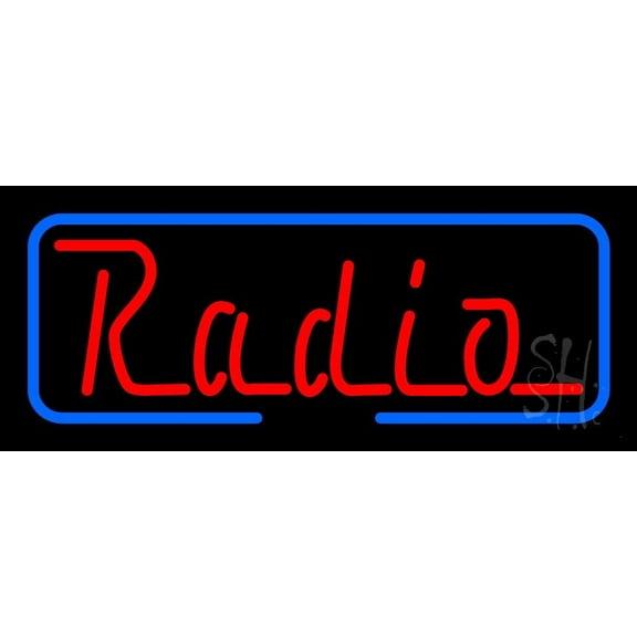 Radio With Blue Border LED Neon Sign 10 x 24 - inches, Clear Edge Cut Acrylic Backing, with Dimmer - Bright and Premium built indoor LED Neon Sign for Computer & Electronics store decor.