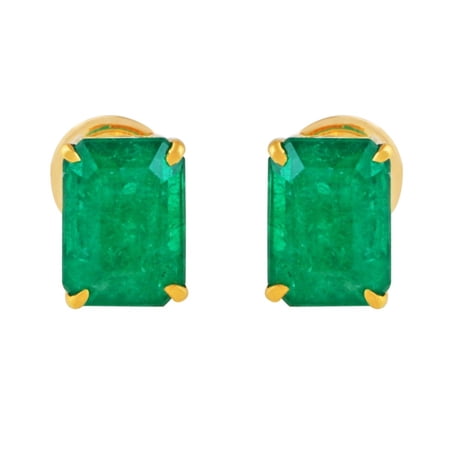 Solid 18Kt Yellow Gold Real Zambian Emerald Handmade Stud Earrings