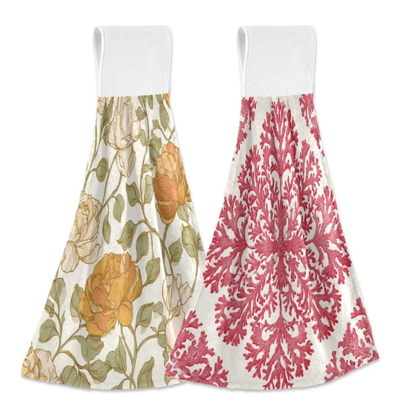 IAUYY Kitchen Hanging Towels Set of 2 100% Polyester Absorbent, Super Soft Hand Towels with Hanging Loops for Bathroom Kitchen A Rose Flower Main Body A Presswork