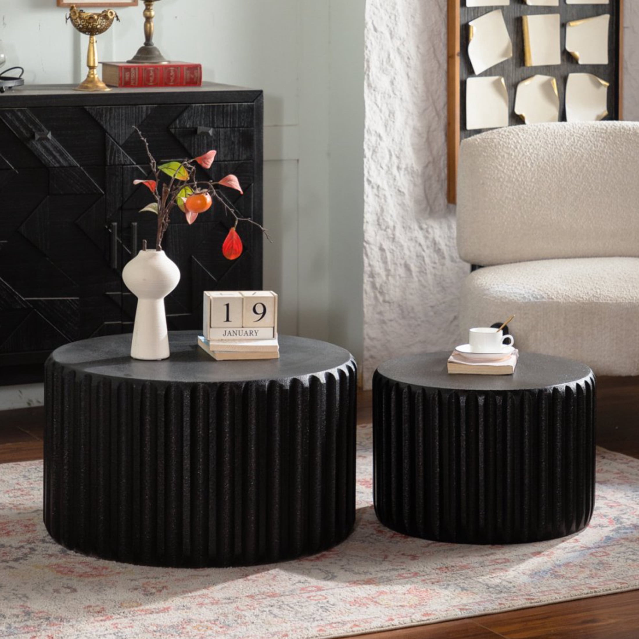 Noble House Elul Scalloped Round Coffee Table Set, 2-Piece Nesting Design with Elegant Curved-Edge Shape, Black