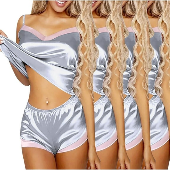 Diufon 4 Pack Womens Satin Pj Sets V Neck Sleeveless Cami Tops Elastic Waist Shorts Pjs Lounge Set