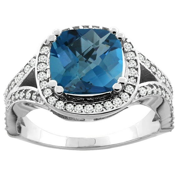 10K Yellow Gold Natural London Blue Topaz Split Ring Cushion 8x8mm Diamond Accent, size 9