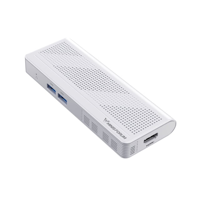 MINISFORUM S100 Mini Clé PC avec un design Blanc compact et une ventilation Perforée, Équipée d'Un Processeur Intel Alder Lake N100 de 12e Gén., de 8 Go de RAM LPDDR5 et de 128 Go de Stockage UFS2.1. l'Appareil Comprend 1 port HDMI, 1 Sortie USB-C, 2 ports USB 3.2 et un port RJ45 2.5G avec Prise en Charge Power over Ethernet (PoE). Il Prend en Charge les Écrans 4K Doubles via HDMI et USB-C, et