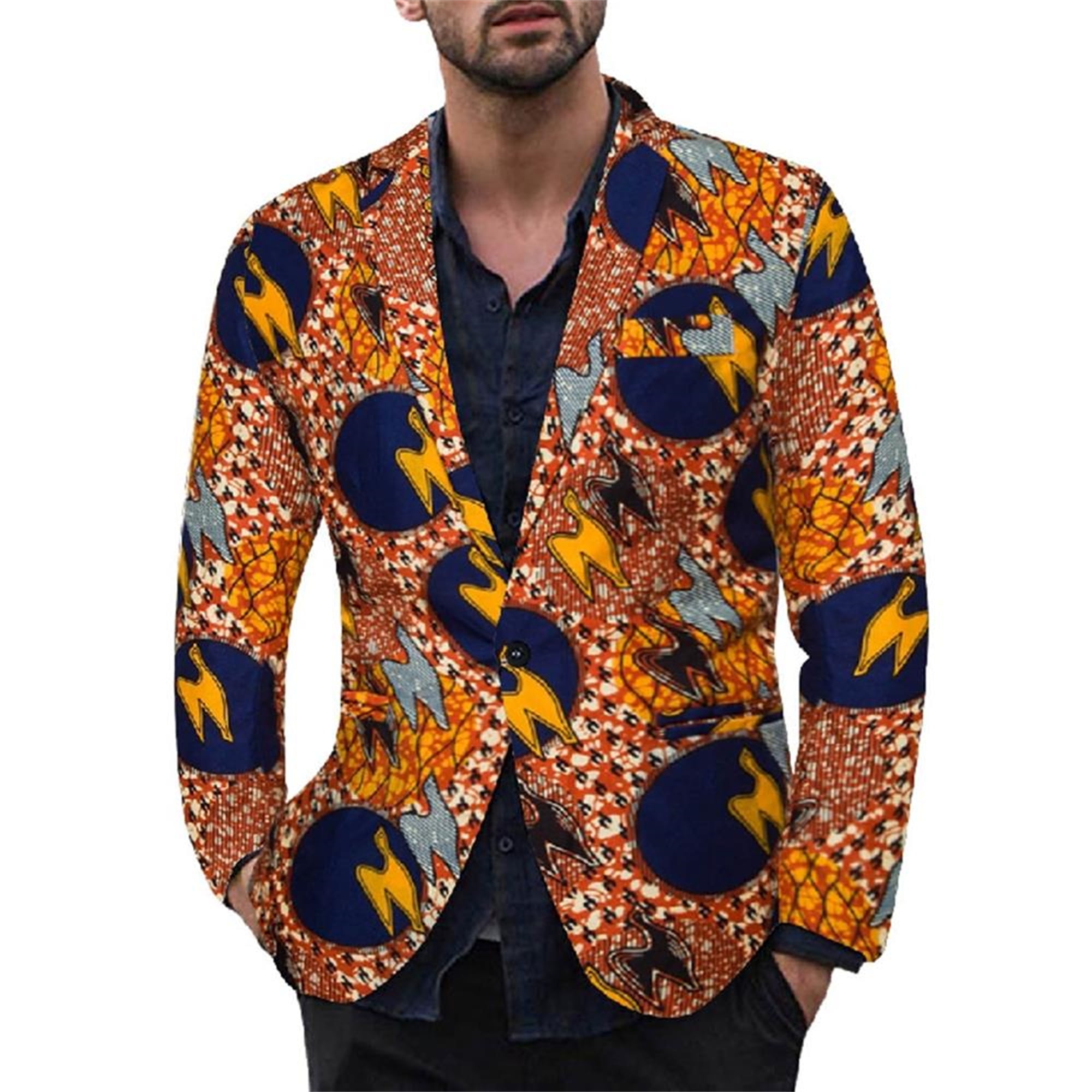 africa-pride Mens Clothing One Button Slim Fit Suit Print Long Jacket Coats+Pants Set Dashiki Outfit 