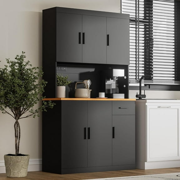 DIYART Black Kitchen Pantry Cabinet, 71" Tall Kitchen Storage Cabinet with 6 doors and Power Outlet