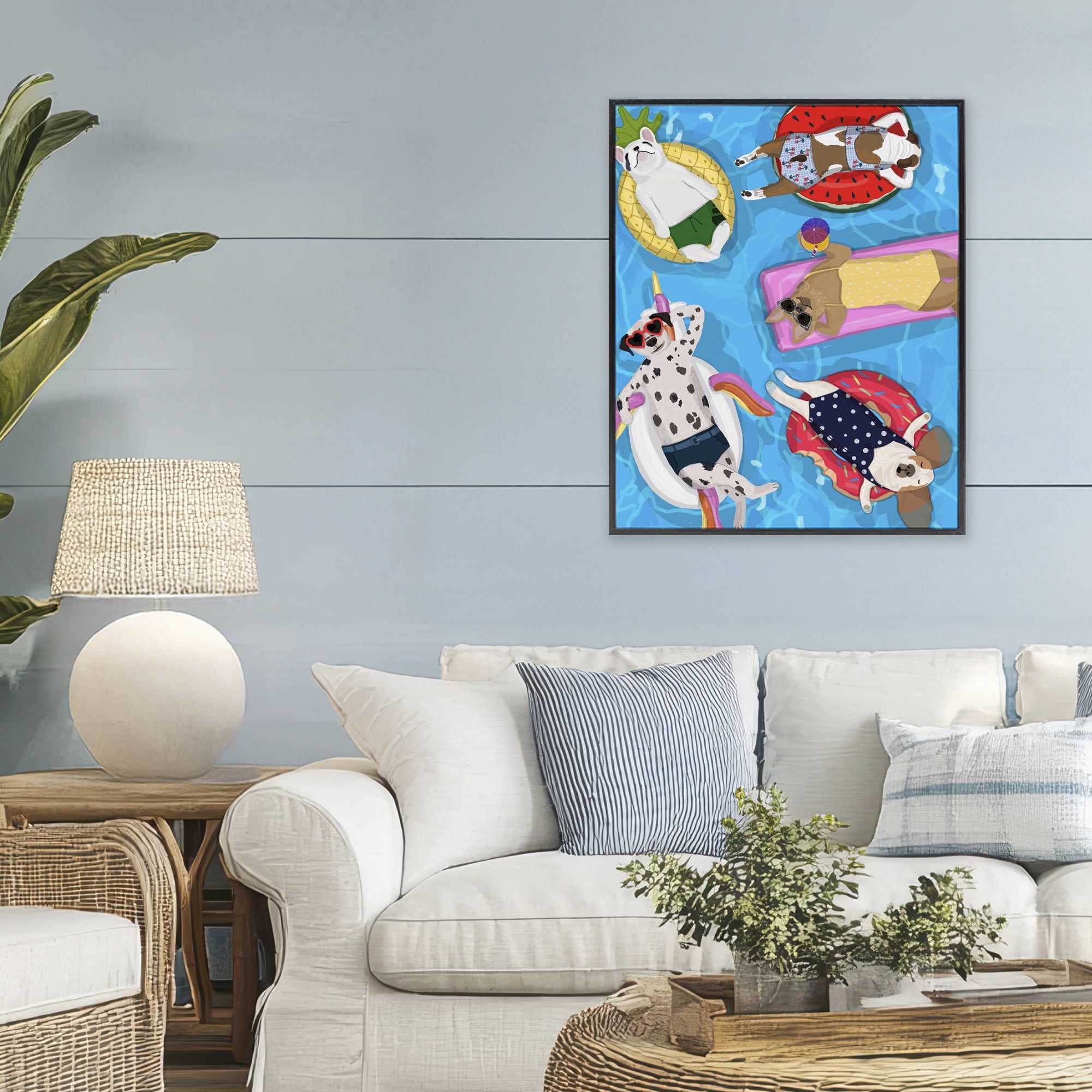 Stupell Industries Summer Sunbathing Dogs Black Framed Giclee Art, design by Hanna Melin