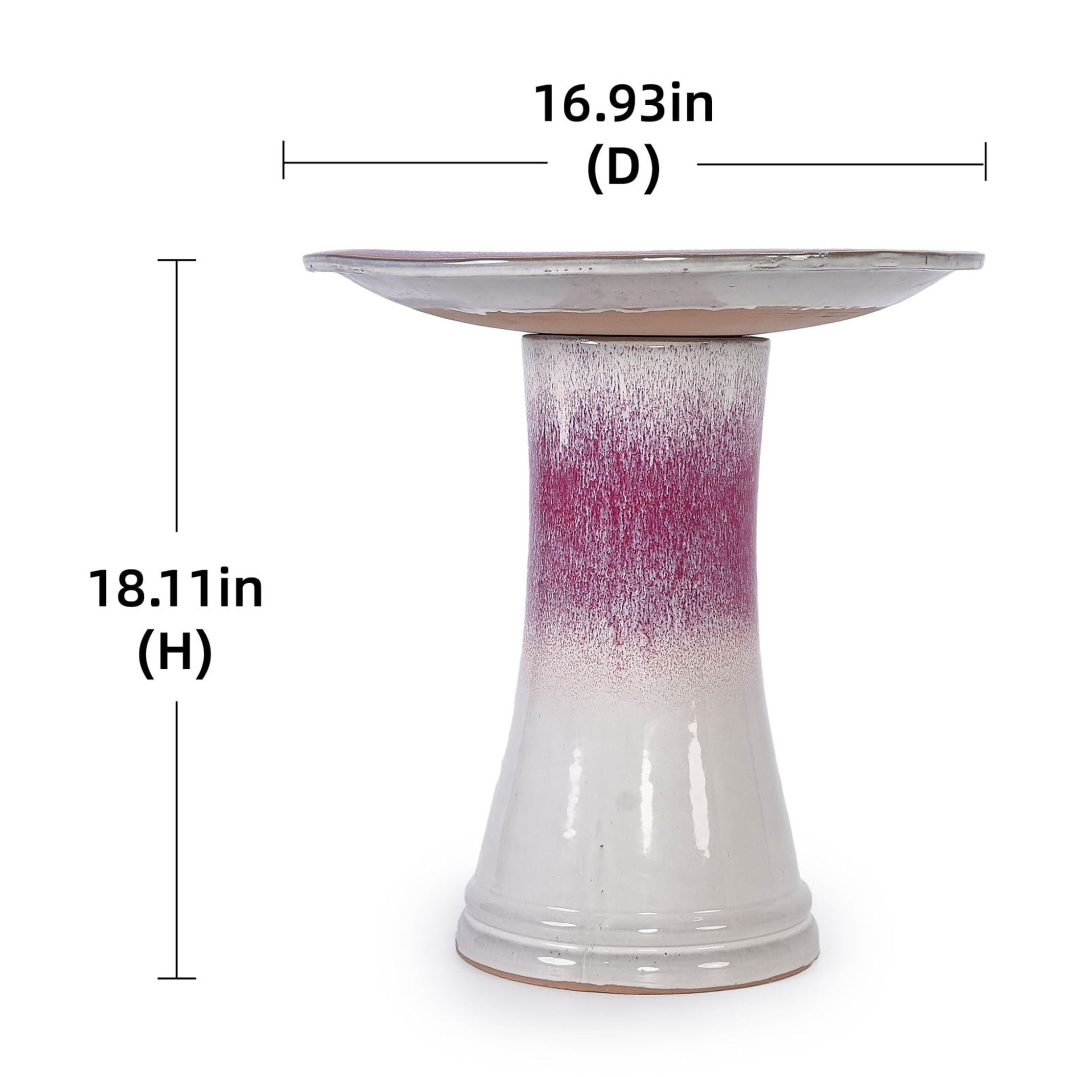 Noble House Barnaby Ceramic Birdbath, Ombre Glaze with Striped Detailing, Modern Outdoor Garden Accent, White + Pink