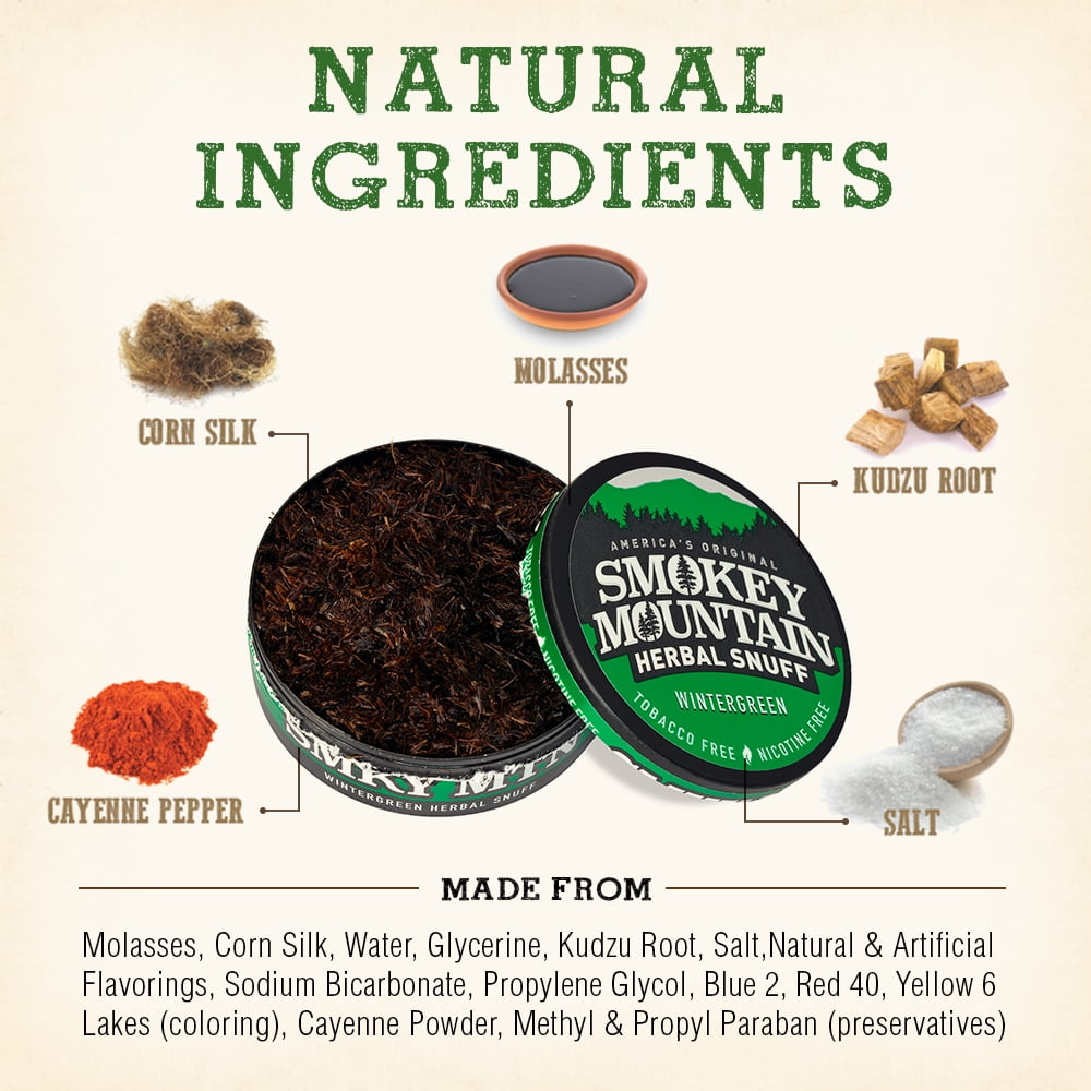 Smokey Mountain Wintergreen Snuff, 5 Cans, no Tobacco and no Nicotine, Refreshing Herbal and Smokeless Chew Alternative