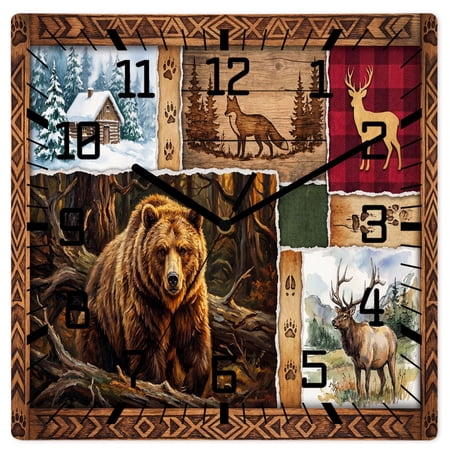 Wall Clock Deer Fox Bear Operated Square Clocks Wooden Silent Non-Ticking Wallclock 10 Inch Wild Animals Woodland Wood Wall Clock for Living Room Bedroom Office Shool Home Decor
