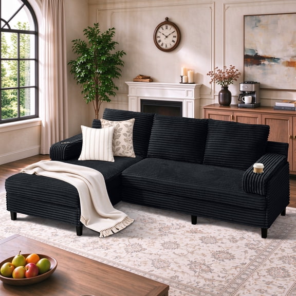 98" L-Shaped Modular Sectional Sofa with Chaise, 3 Seater Comfy Corduroy Fluffy Couch with 2 Cup Holders for Living Room,Apartment,Office