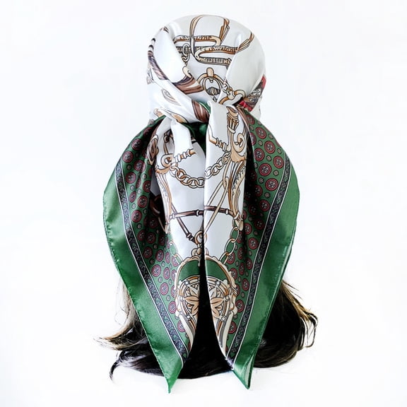 Women's Satin Square Scarf Chain Print Smooth Head Wrap Large Bandana Neckerchief Casual Festival Gifts Green 90cm