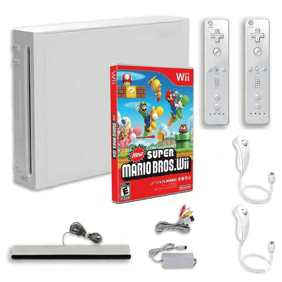 Restored Nintendo Wii Console with New Super Mario Bros. Wii, 2 RetroFam Remotes, White