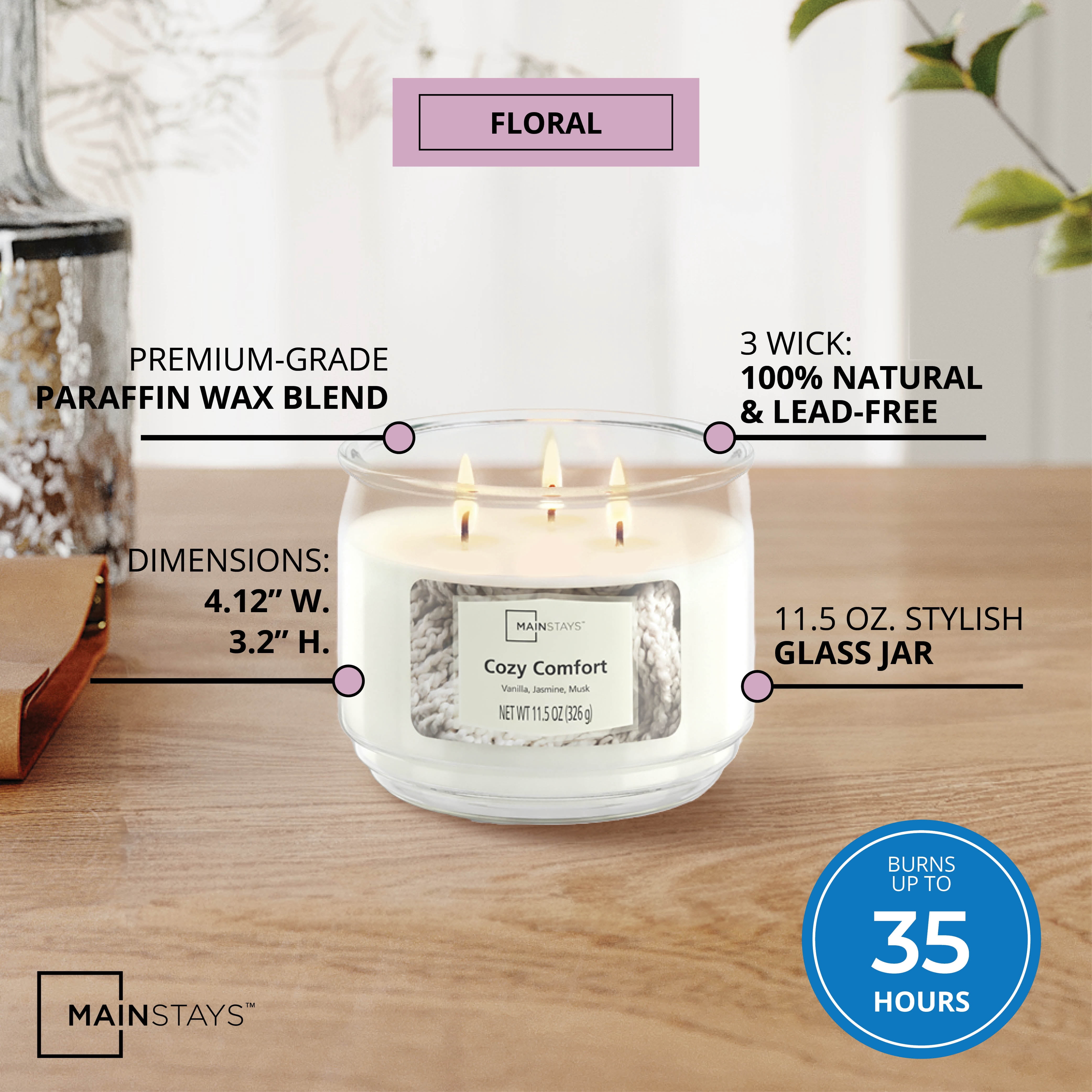 Mainstays 3-Wick Scented Glass Jar Candle, Cozy Comfort, 11.5oz.