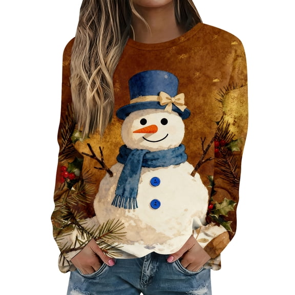 Women Tops Women's Long Sleeve Sweatshirt Casual Crewneck Loose Fit Pullover Fleece Tops with Christmas Print for Fashionable Holiday Outfits,Light Brown,S