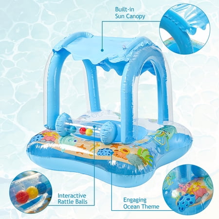 FLYNOW BABY POOL FLOAT WITH CANOPY SUN PROTECTION, KIDS SWIMMING FLOAT WITH SAFETY SEAT, INFLATABLE TODDLERS POOL FLOATS WITH CARTOON BELL TOY, INFANT SWIM TRAINER, SUMMER ESSENTIALS FOR BOYS GIRLS