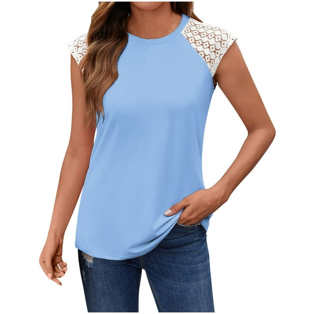 UPPADA Womens Cute Tank Tops Lace Patchwork Flowy Tops Crewneck Casual Tees Shirts Trendy Basic Loose Fit Tops Light Blue,XL