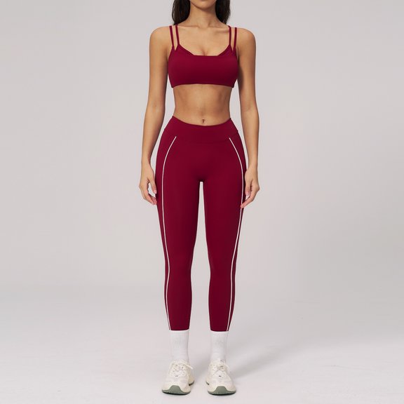 PISONIC Women Workout Sets Color Block Twist Back Layered Sports Bra Twist Waist Leggings Gym Yoga Outfits