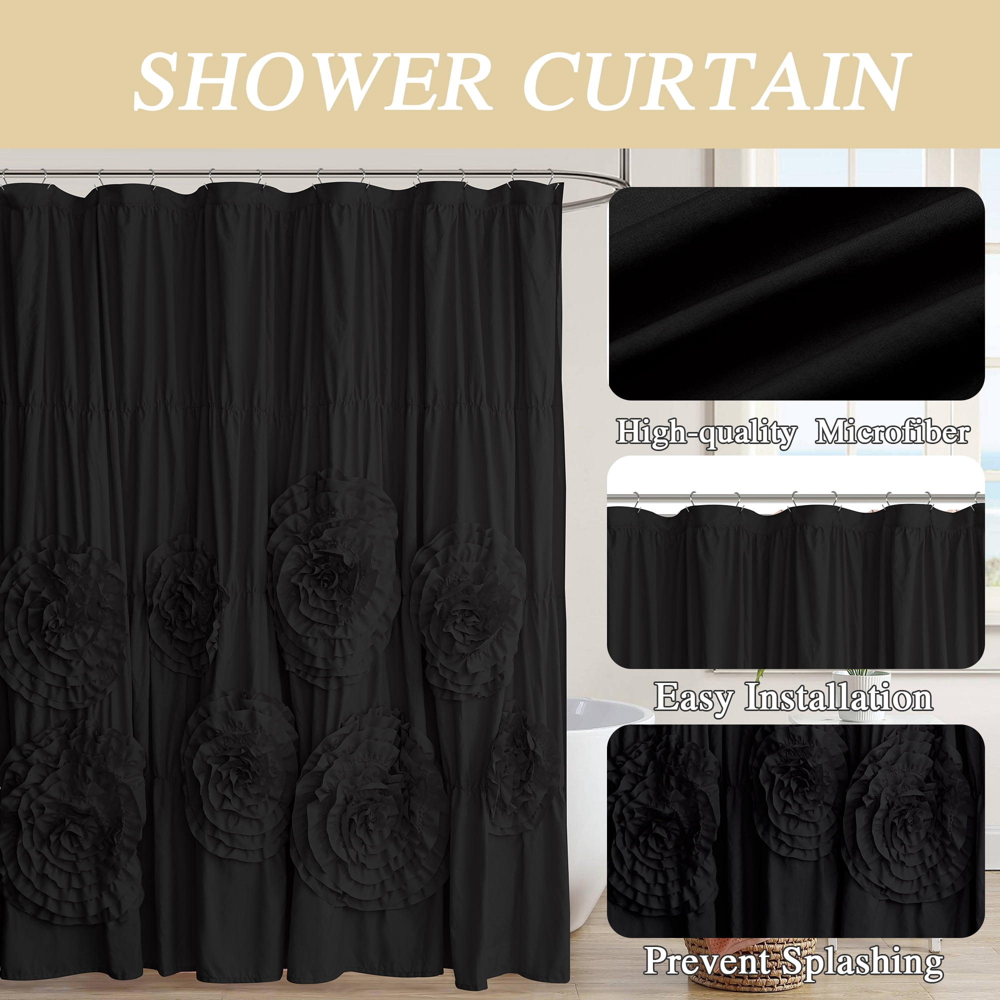 HIG Boho Ruffled Shower Curtain - Oversized Floral Print, Heavy Fabric with Elegant Draping for Bathroom, 72"x72", Black