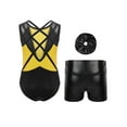 thumbnail image 2 of YiZYiF Girls 3Pcs Gymnastics Dance Suit Sparkle Cross Back Leotard with Shorts Activewear Dancewear Yellow 10, 2 of 4