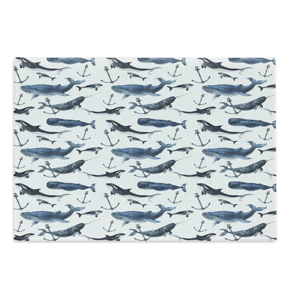 Narwhal Cutting Board, Watercolor Narwhals Orcas and Blue Whales with Anchors Arctic Fauna, Decorative Tempered Glass Cutting and Serving Board, Large Size, Blue Grey Dark Blue, by Ambesonne