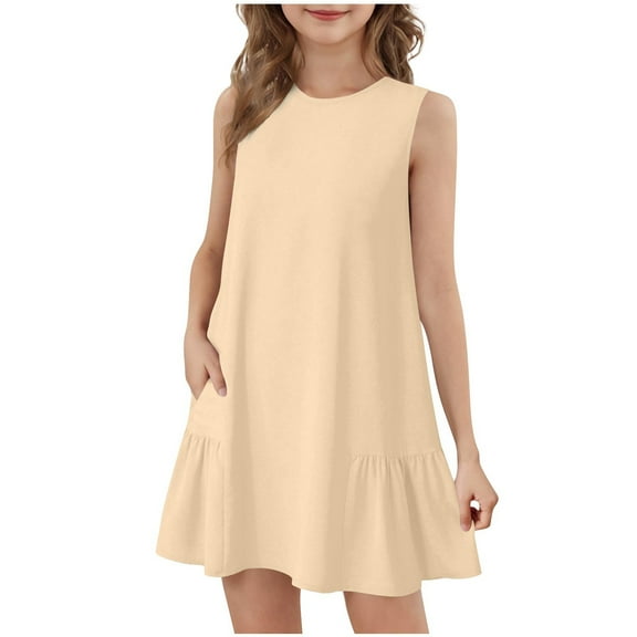 Generic Girl's Summer Dresses Pleated Fashion Solid Color Soft Sleeveless Dress Casual Crew Neck Dresses for 5-15 Years