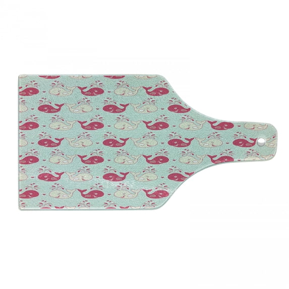 Whale Cutting Board, Happy Cheerful Whales Pattern in Soft Pastel Tone Effects Love Nature Image, Decorative Tempered Glass Cutting and Serving Board, Wine Bottle Shape, Mint Peach Pink, by Ambesonne