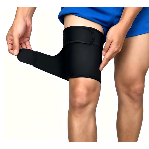 Adjustable Thigh Brace Support Compression Sleeve for Hamstring & Quad, Neoprene Thigh Wrap Upper Leg Strap for Men Women, Muscle Strain Recovery Aid, Black
