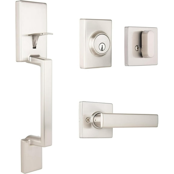 Brinks, Contemporary Keyed Entry Door Handle Set with Flat Lever and Deadbolt, Satin Nickel