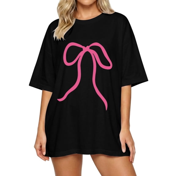 Luwomo T-Shrits for Women Big Bow Printed Short Sleeved Basic Tops,Black1