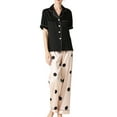 thumbnail image 2 of 2Pcs Polka Dots Pajamas Set for Women Lapel Neck Top and Elastic Waist Pants Casual Sleepwear Set Black Circle L, 2 of 5